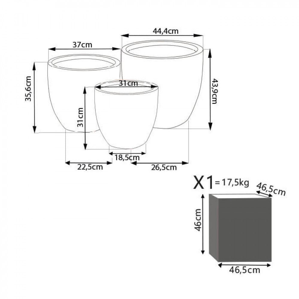 Disegno tecnico del set di vasi con dimensioni dettagliate di diametro, altezza e specifiche dell'imballaggio.