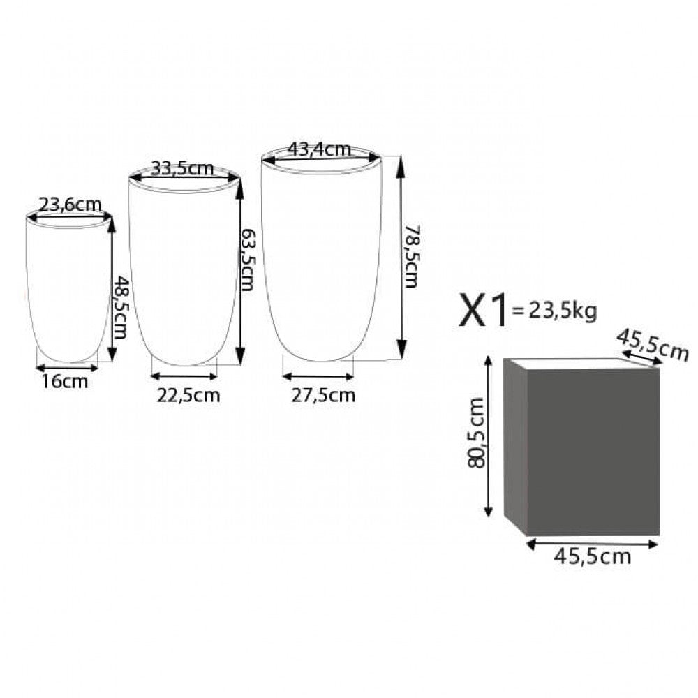 Disegno tecnico del set di 3 vasi con quote dettagliate in centimetri per altezze, diametri e dimensioni dell'imballaggio.