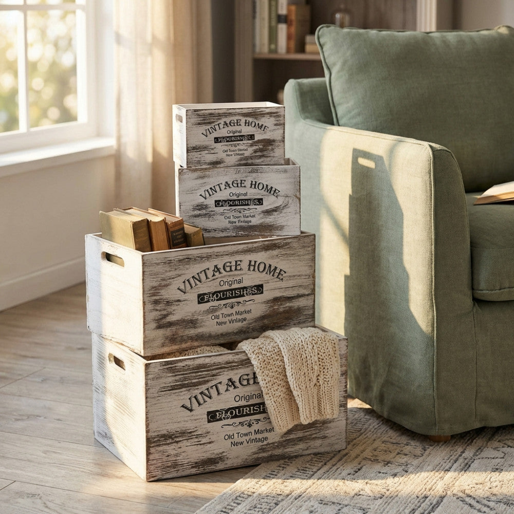 Dettaglio delle cassette Agueda in stile shabby chic disposte a gradinata vicino a una poltrona verde.