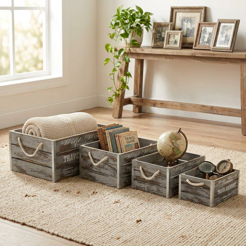 Set di 4 cassette in legno RENÉE disposte in scala su un tappeto chiaro, utilizzate per contenere coperte, libri e oggetti decorativi in un ambiente luminoso.