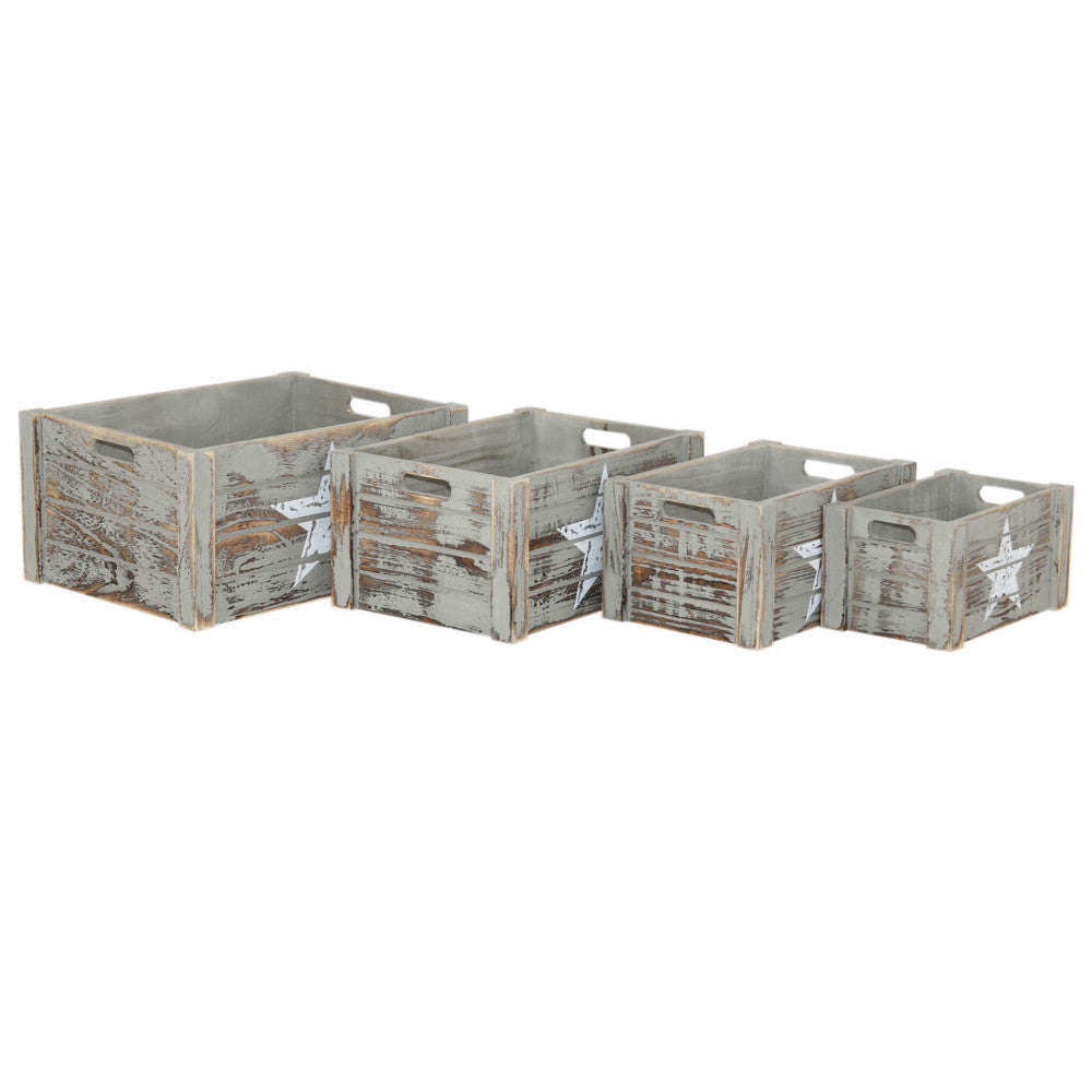 Le quattro cassette in legno Valérie allineate in ordine di grandezza su sfondo bianco, evidenziando la struttura robusta e le maniglie integrate.