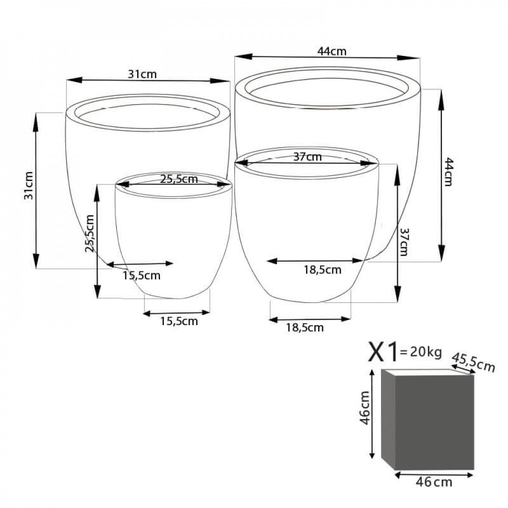 Disegno tecnico del set di 4 vasi Dalia con quote dettagliate di diametri e altezze per ciascun elemento della composizione.