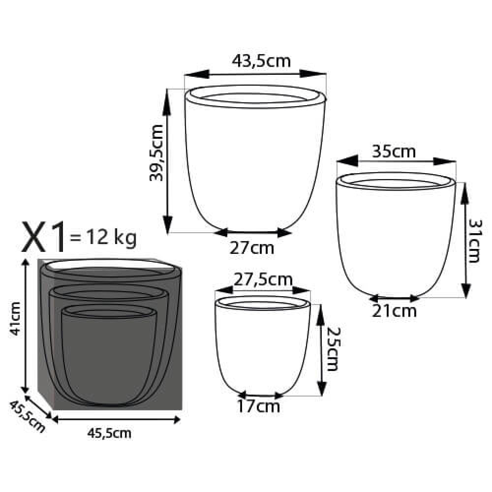 Disegno tecnico del set di vasi con quote dettagliate che indicano diametri, altezze e dimensioni delle basi per ciascuno dei tre elementi, oltre al peso totale di 12 kg.