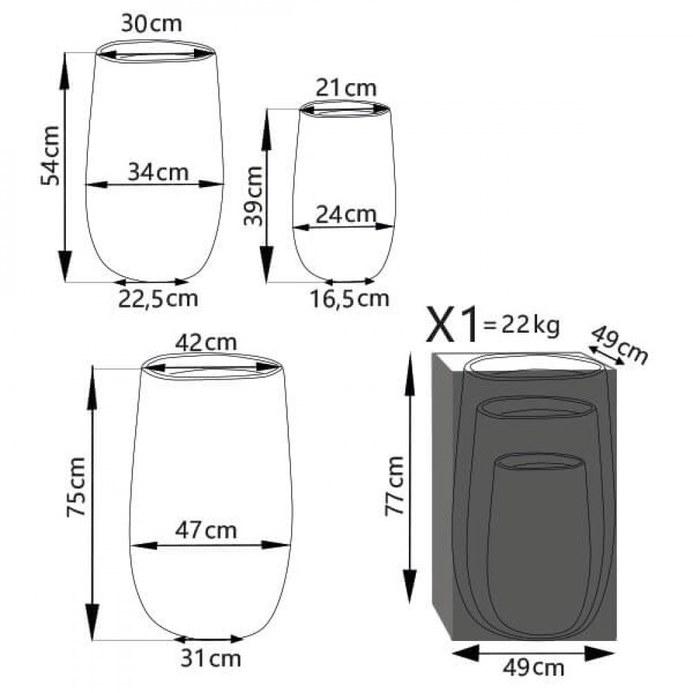 Schema tecnico del set vasi Fiordaliso con dimensioni dettagliate per ogni elemento e specifiche di imballaggio.