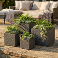 Set di quattro vasi quadrati Gardenia in fibra sintetica antracite, disposti a grappolo su un patio in pietra, contenenti felci e piante grasse.