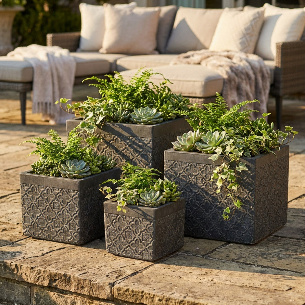 Set di quattro vasi quadrati Gardenia in fibra sintetica antracite, disposti a grappolo su un patio in pietra, contenenti felci e piante grasse.