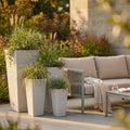 Set di quattro vasi Giglio in fibra di argilla beige disposti su un patio moderno, arricchiti da erbe ornamentali alte accanto a un divano da esterni.