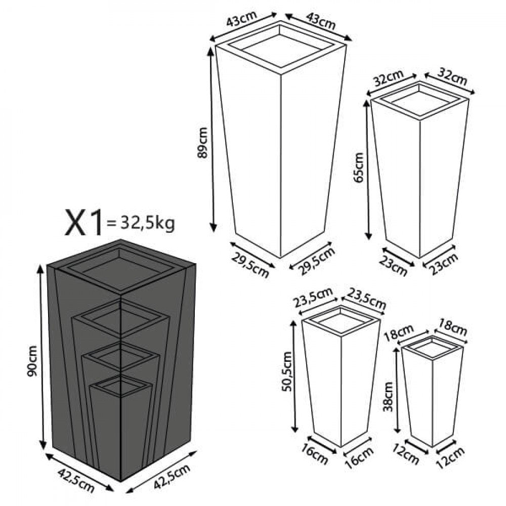 Disegno tecnico del Set Vasi Giglio con quote dettagliate di larghezza, profondità e altezza per i quattro elementi.