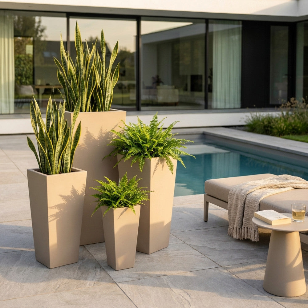 Set di quattro vasi Margherita in fibra di argilla marrone chiaro, disposti a bordo piscina con piante di Sansevieria e felci, illuminati dalla luce del tramonto.