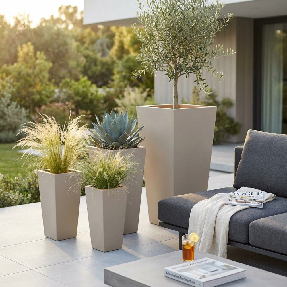 Composizione outdoor di vasi Margherita dal design svasato, contenenti un ulivo e piante grasse, posizionati su una terrazza moderna accanto a un divano grigio.