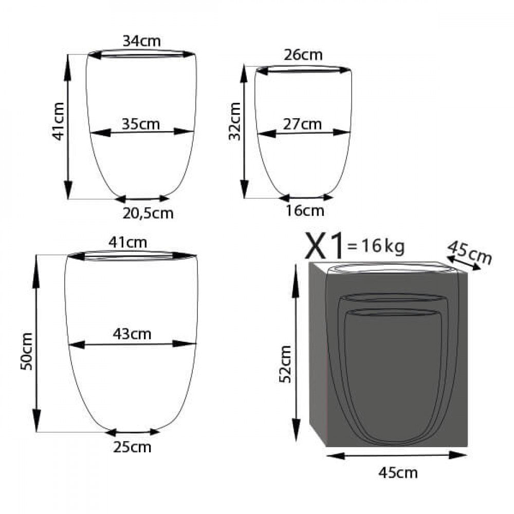 Disegno tecnico del set vasi Papavero con quote dimensionali dettagliate per i tre formati e specifiche di imballaggio.