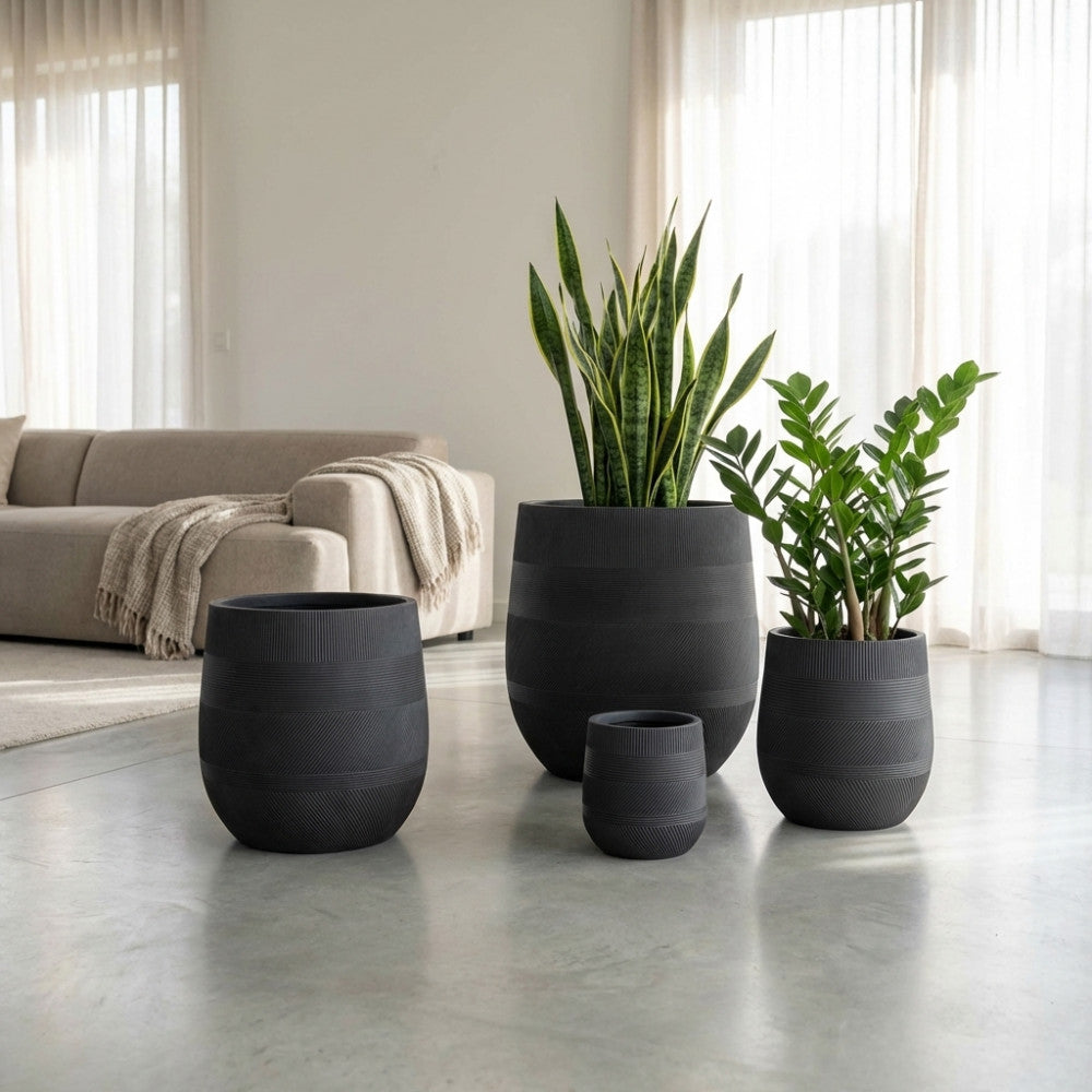 I vasi Peonia grigio scuro ambientati in un luminoso soggiorno minimalista, arricchiti da piante verdi rigogliose accanto a un divano beige.