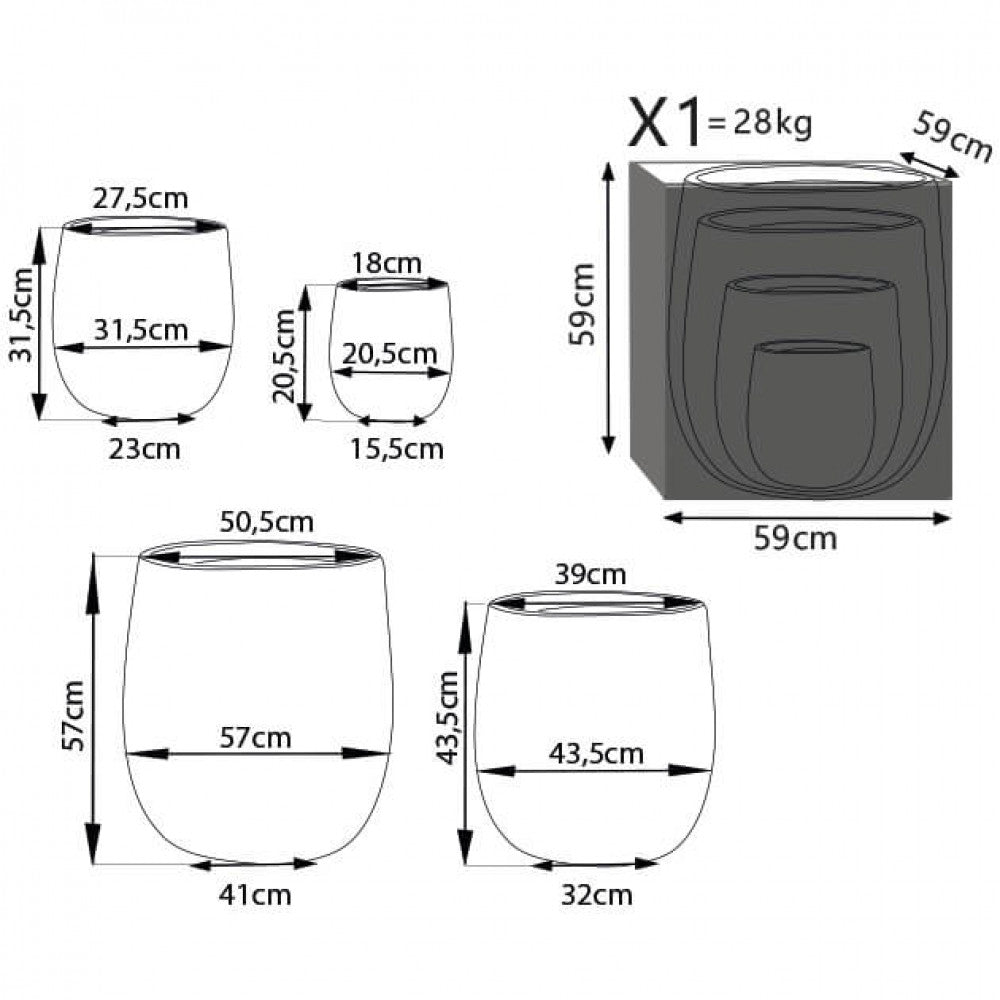 Disegno tecnico del set vasi Peonia con quote dimensionali dettagliate per i quattro elementi e specifiche dell'imballaggio a cubo.