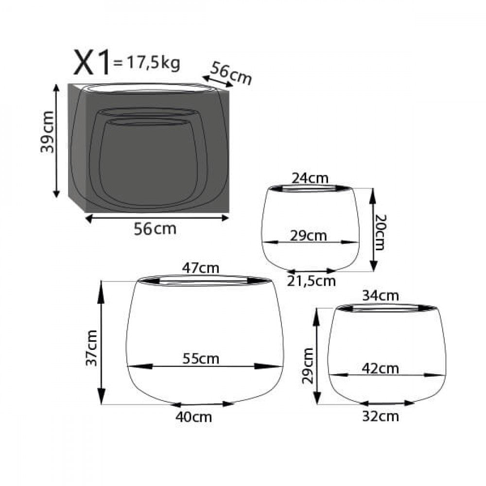 Disegno tecnico dettagliato del set di vasi, illustrando le misure esatte di diametro e altezza per ciascun elemento e le specifiche di imballaggio.