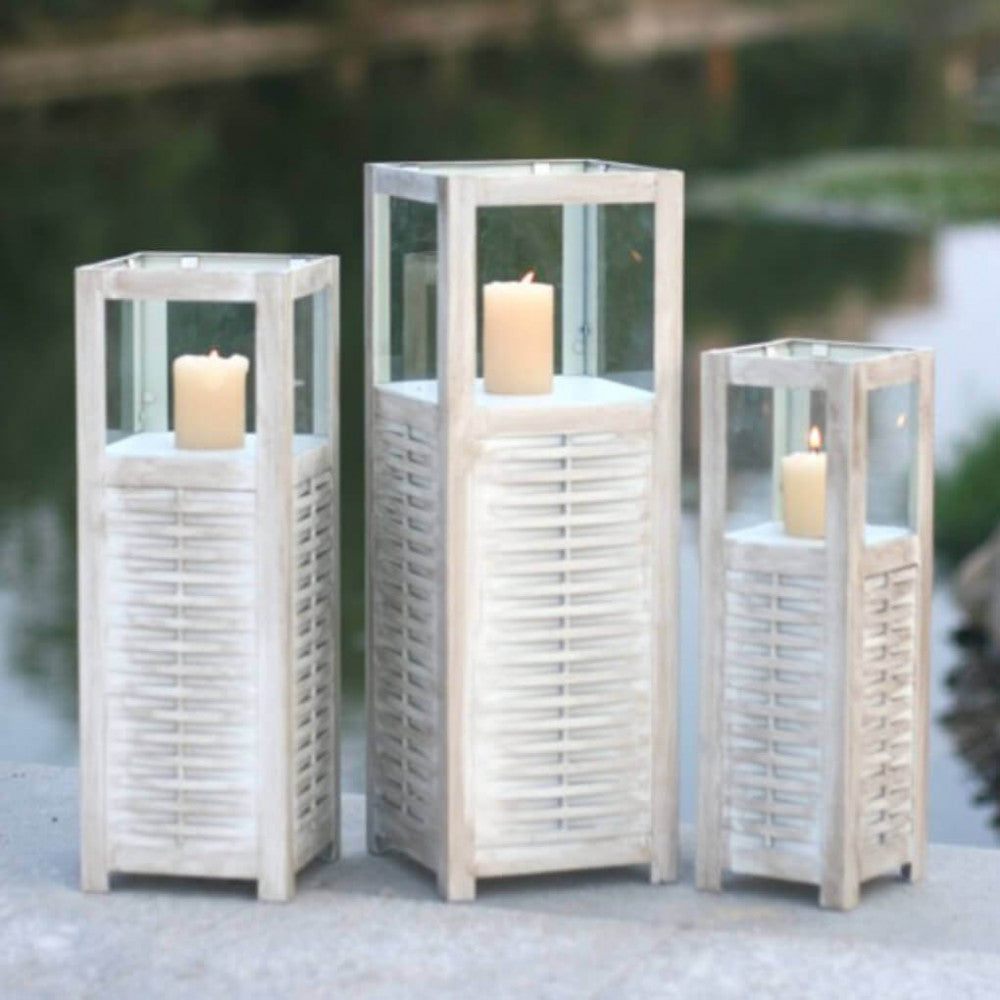 set 3 lanterne marie metallo vetro bianco sfumature oro 50 44 38 cm con candela in giardino