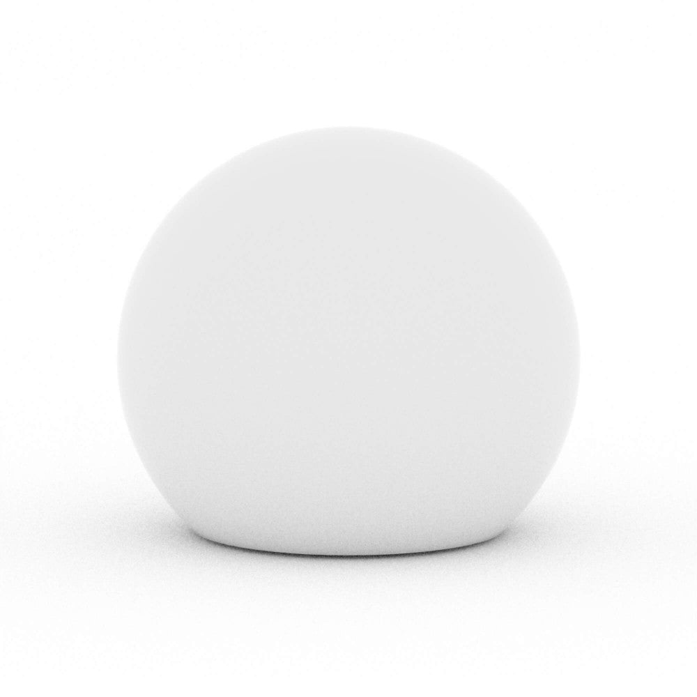 Sfera Gemini in polipropilene bianco spenta su sfondo neutro.