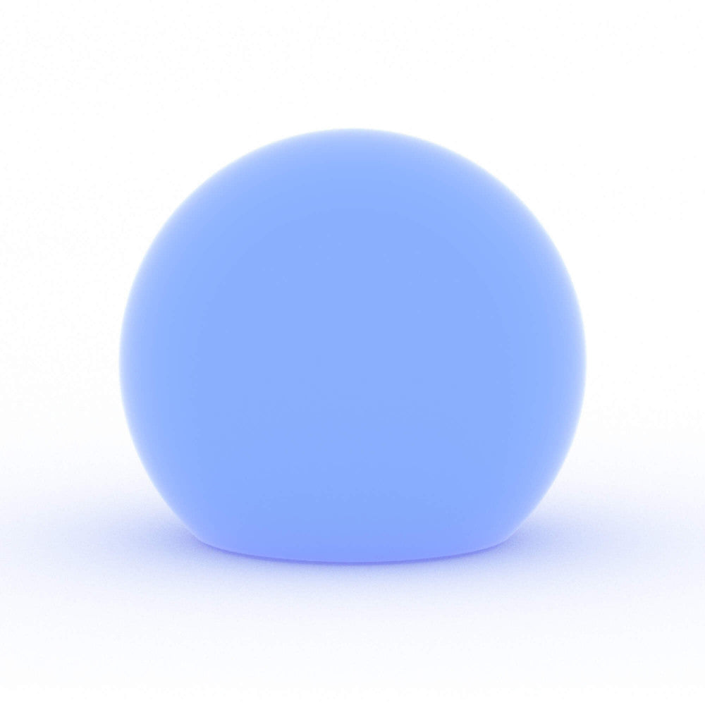 Sfera luminosa Gemini accesa con luce blu brillante su sfondo bianco.
