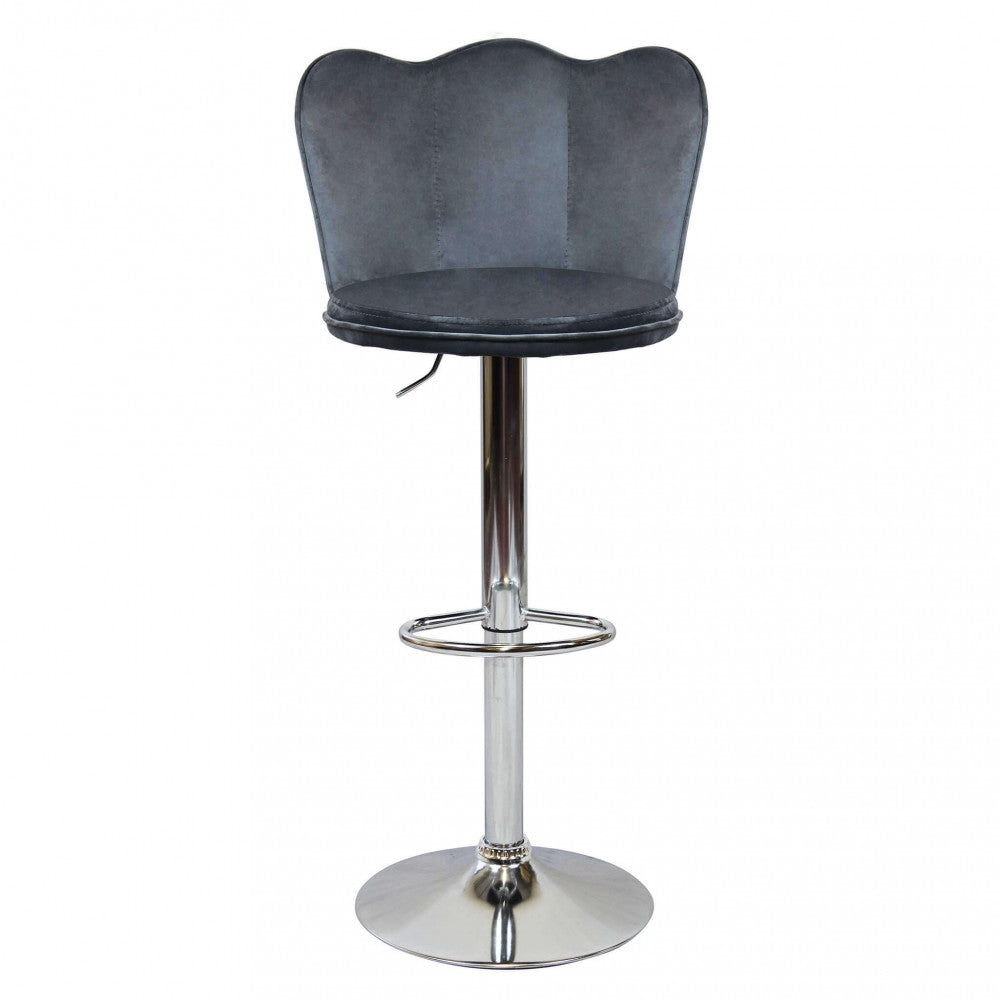 Vista frontale dello sgabello moderno in velluto grigio, che mostra il design senza braccioli e il poggiapiedi.
