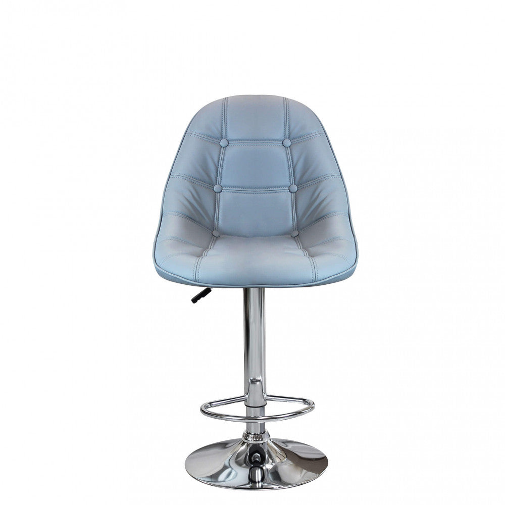Vista frontale ribassata dello sgabello Flynn in ecopelle grigia, perfetta per penisole e banconi cucina di design.