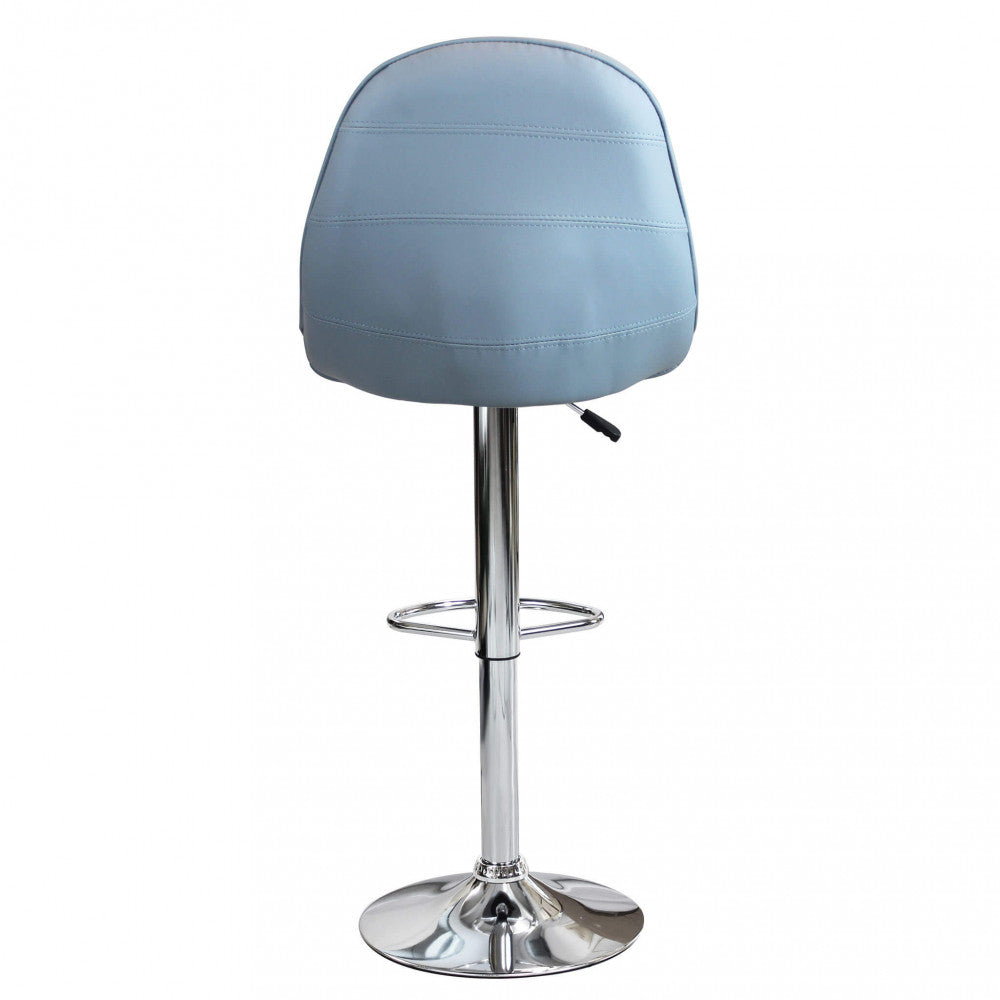 Vista posteriore diretta dello sgabello Flynn, con focus sulle cuciture orizzontali dello schienale e la base circolare in metallo.