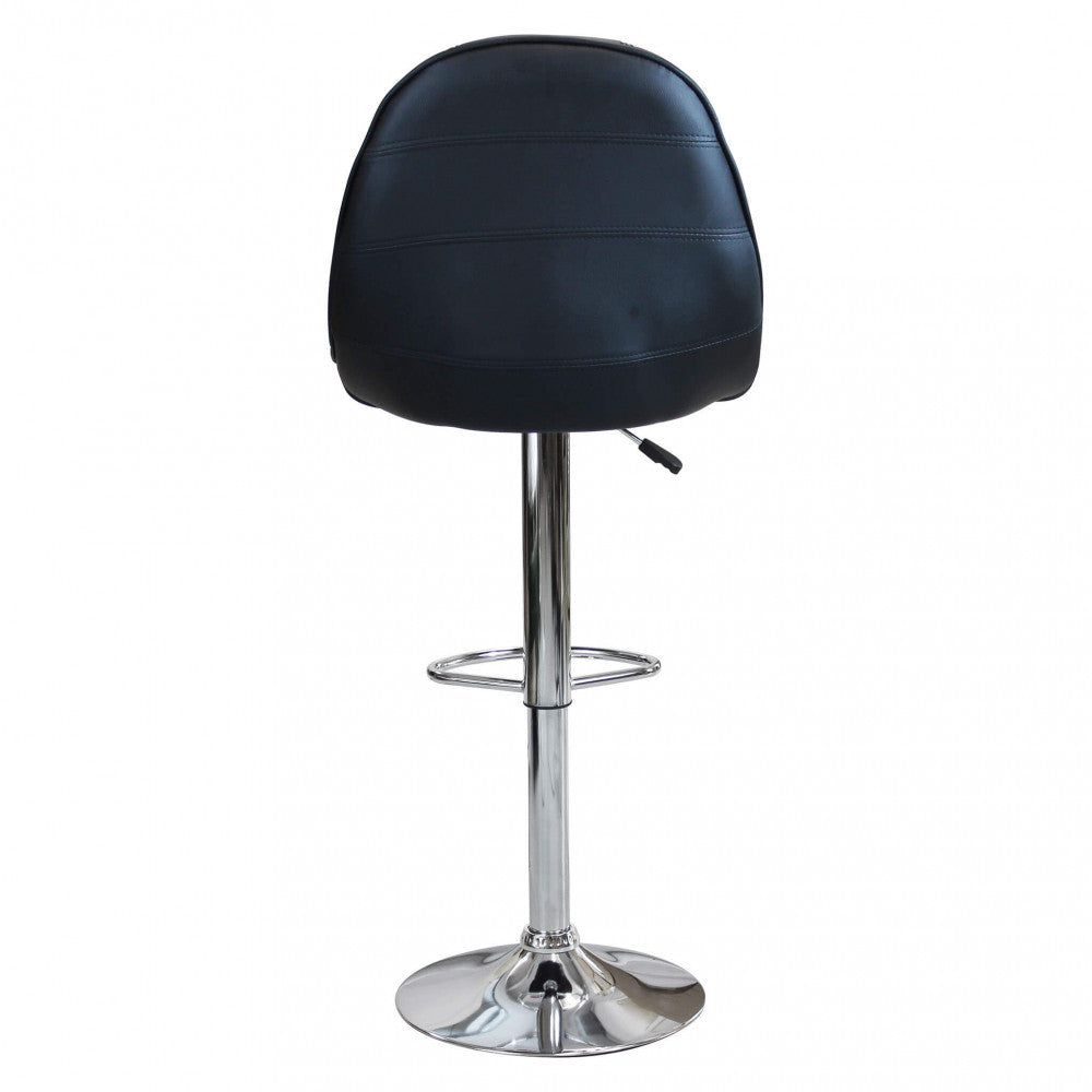 Vista posteriore dello sgabello FLYNN con base circolare in metallo cromato.