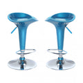 Sgabello Harlan blu lucido con base in metallo cromato e poggiapiedi, design moderno.