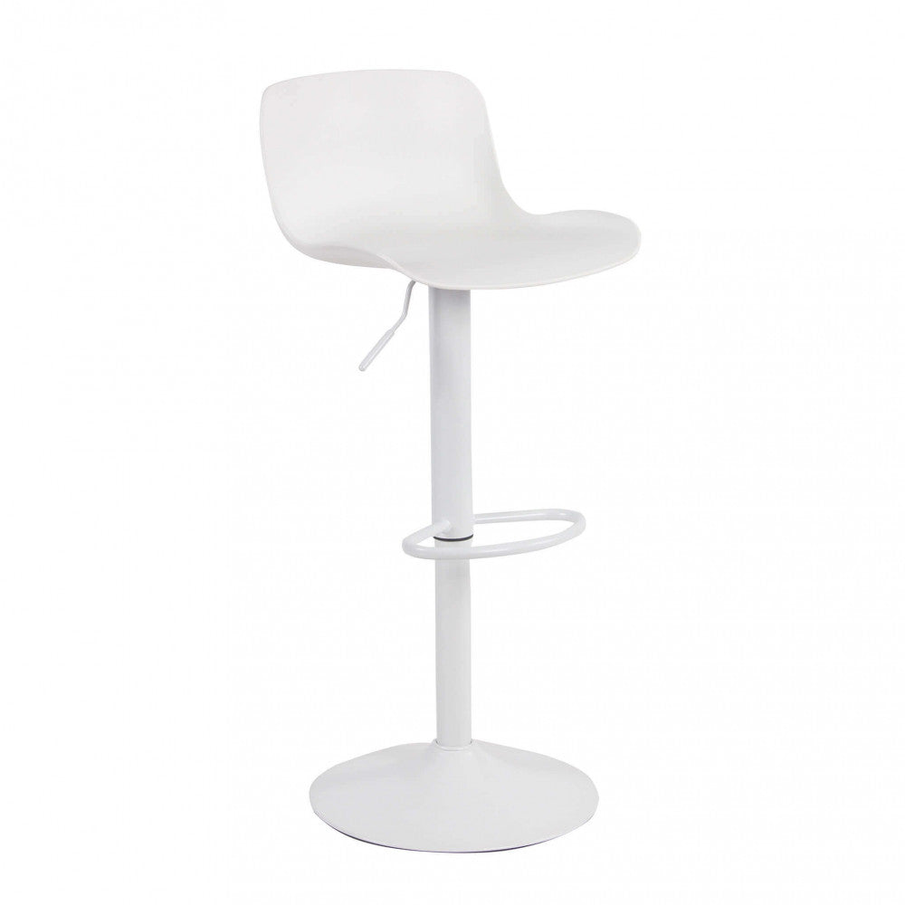 Vista frontale dello sgabello Innsbruck che evidenzia la seduta ergonomica in plastica e il poggiapiedi circolare.