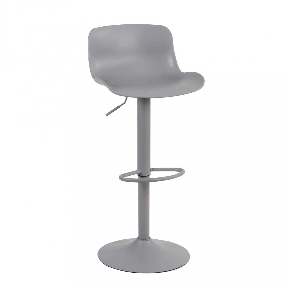 Sgabello Innsbruck grigio visto di tre quarti, che evidenzia la seduta ergonomica, il poggiapiedi circolare e la leva di regolazione.