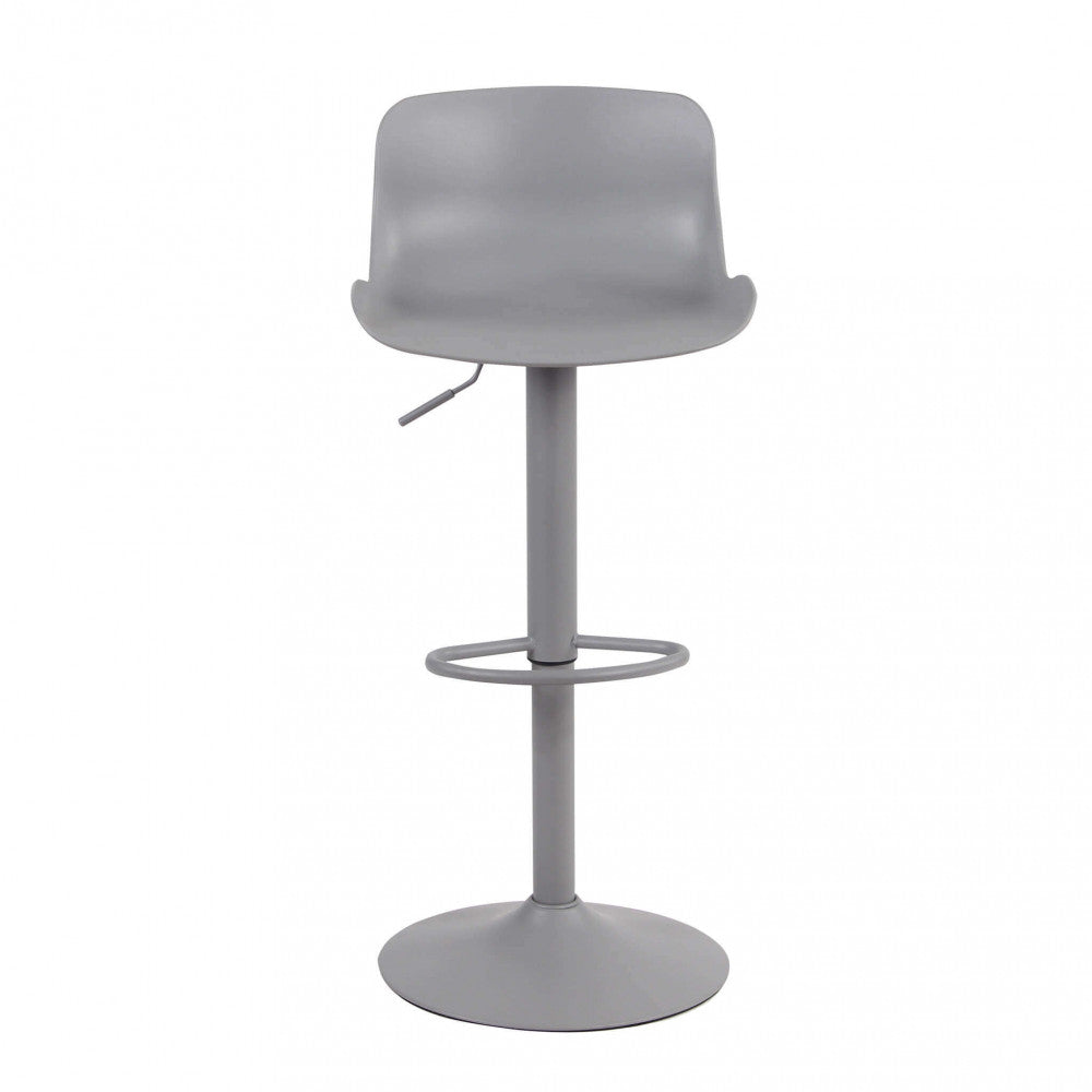 Vista frontale dello sgabello moderno grigio, mostrando la simmetria perfetta della base circolare e della seduta in plastica premium.
