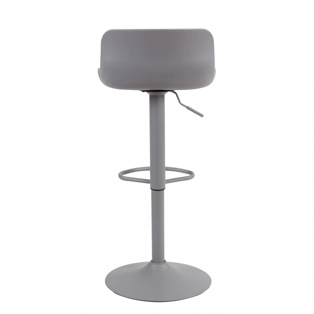 Vista posteriore completa dello sgabello in plastica grigia, illustrando la pulizia delle linee e la solidità della base d'appoggio.
