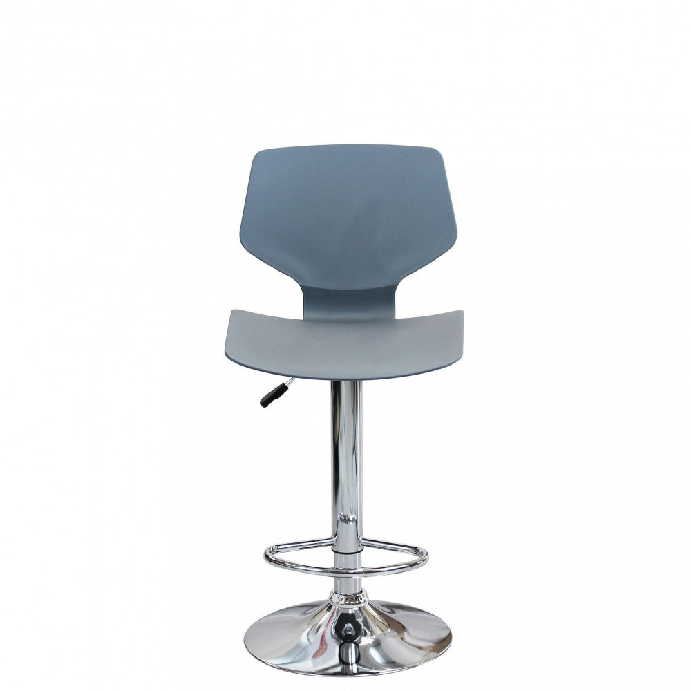 Sgabello Joshua grigio, vista frontale con focus sulla base circolare in metallo cromato.