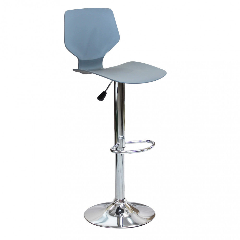 Vista frontale dello sgabello Joshua grigio con base in metallo cromato su sfondo bianco.