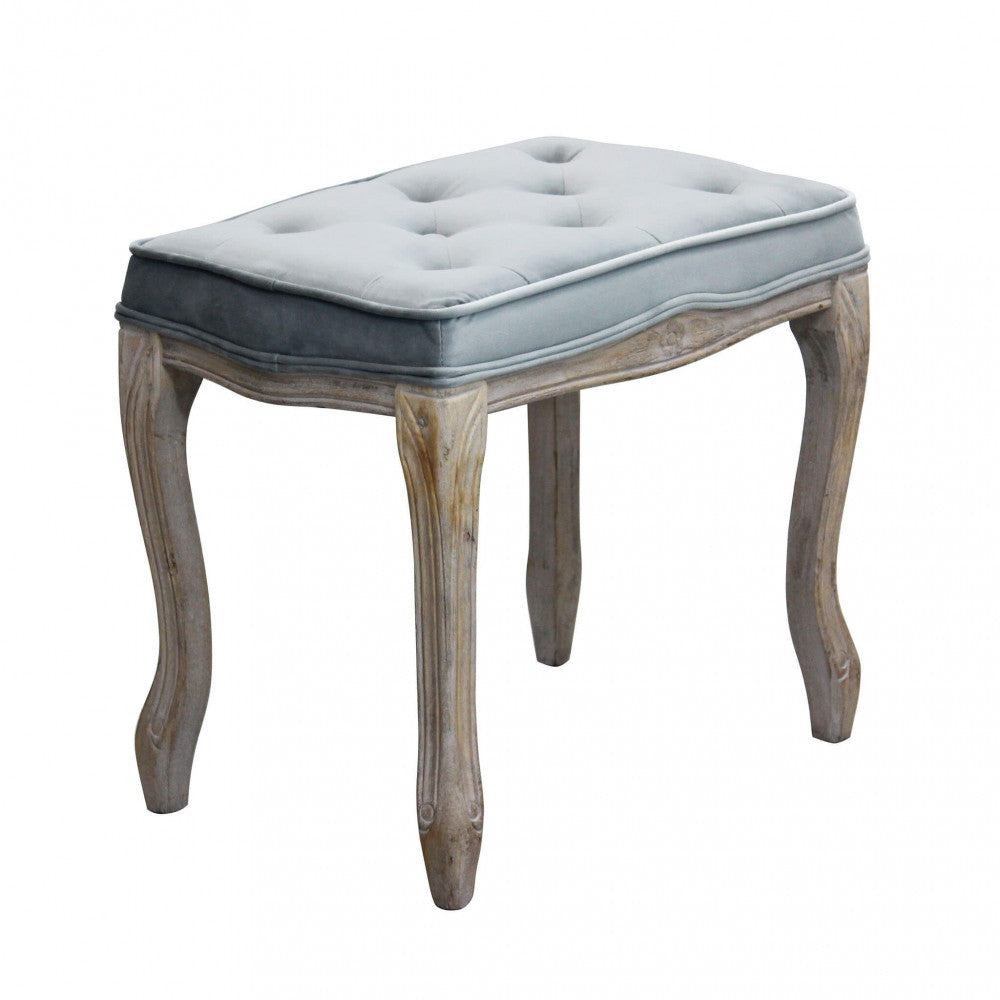Sgabello Marly in legno e velluto grigio, vista di tre quarti su sfondo bianco.