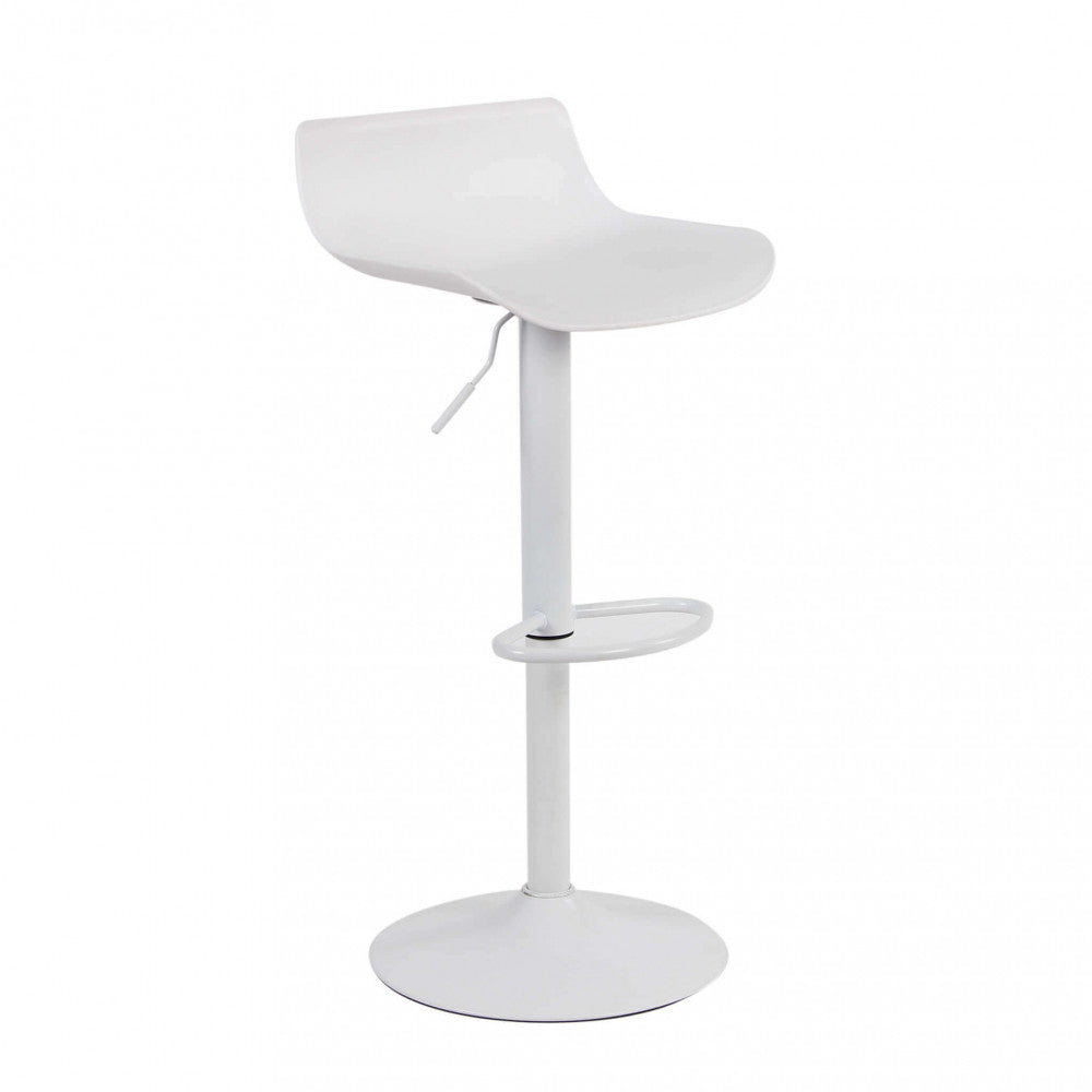 Vista frontale a tre quarti dello sgabello Merano bianco, che evidenzia la seduta ergonomica e il poggiapiedi integrato.