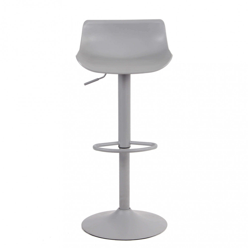 Vista frontale dello sgabello da bar grigio con base circolare e poggiapiedi integrato, ripreso su sfondo neutro.