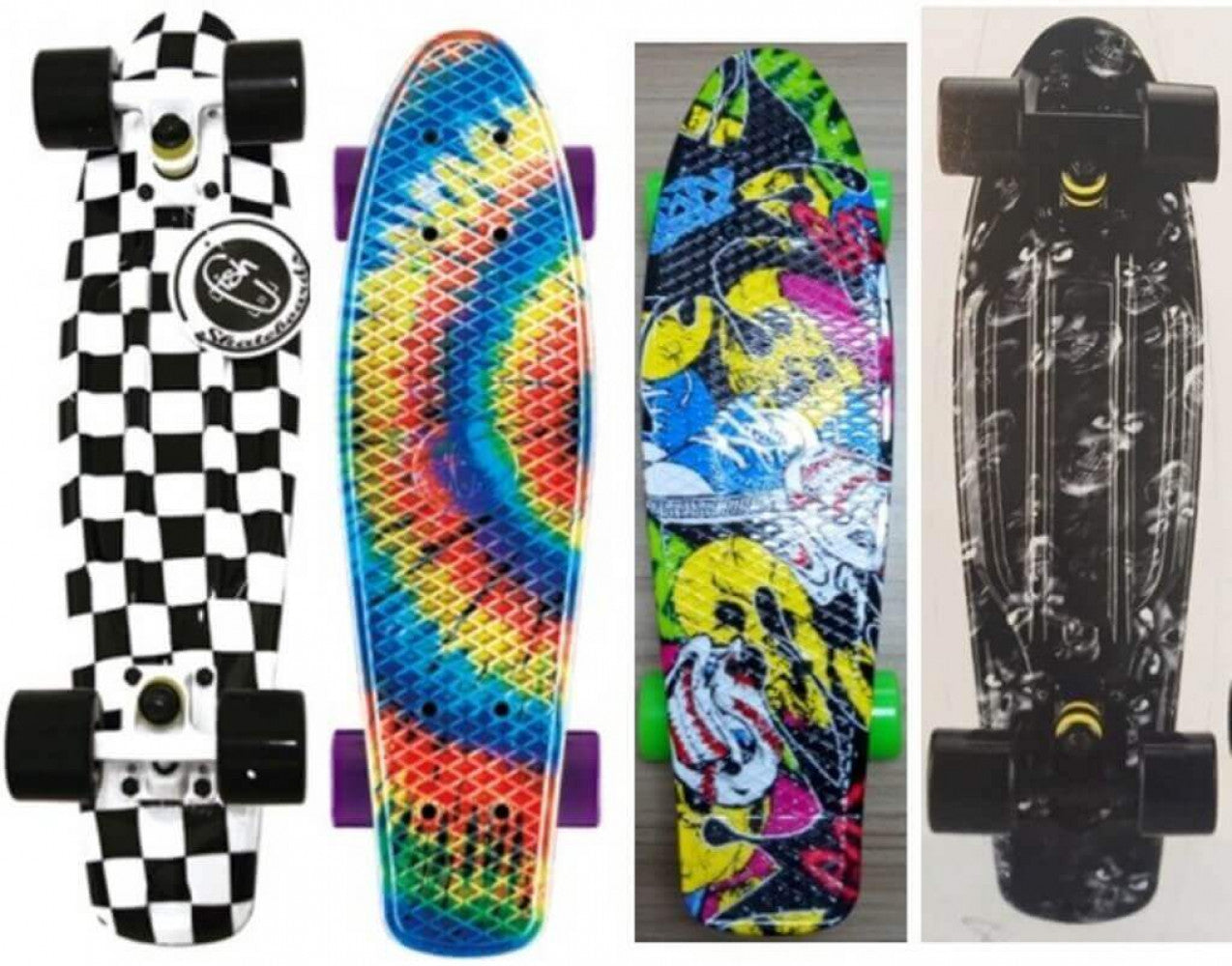 Quattro skateboard modello Skate Color 1 allineati verticalmente, caratterizzati da grafiche vivaci tra cui scacchi bianchi e neri, sfumature arcobaleno, motivi graffiti e teschi neri, dotati di ruote LED.