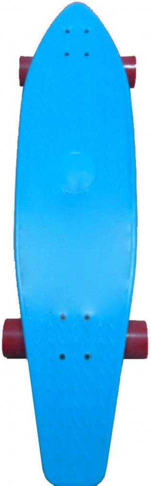 Skateboard SKATE RACE 1 visto dall'alto, con tavola in polimero azzurro brillante dalla texture antiscivolo a rombi e robuste ruote rosse a contrasto.