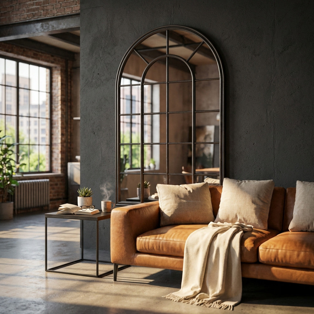Specchio Geoffroy in stile finestra industriale posizionato in un loft moderno, dietro a un divano in pelle color cammello illuminato dal sole.