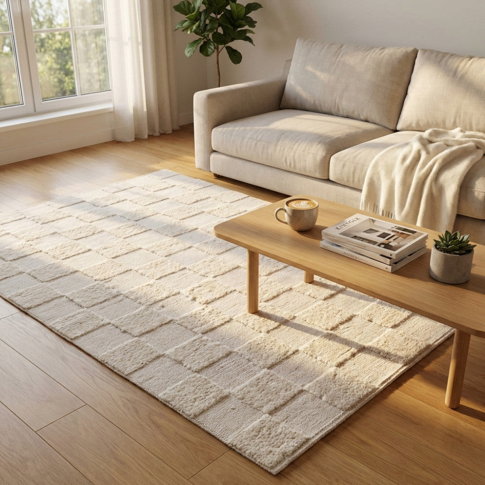 Dettaglio della luce naturale che esalta la trama a scacchi tridimensionale del tappeto Amaury bianco e beige.
