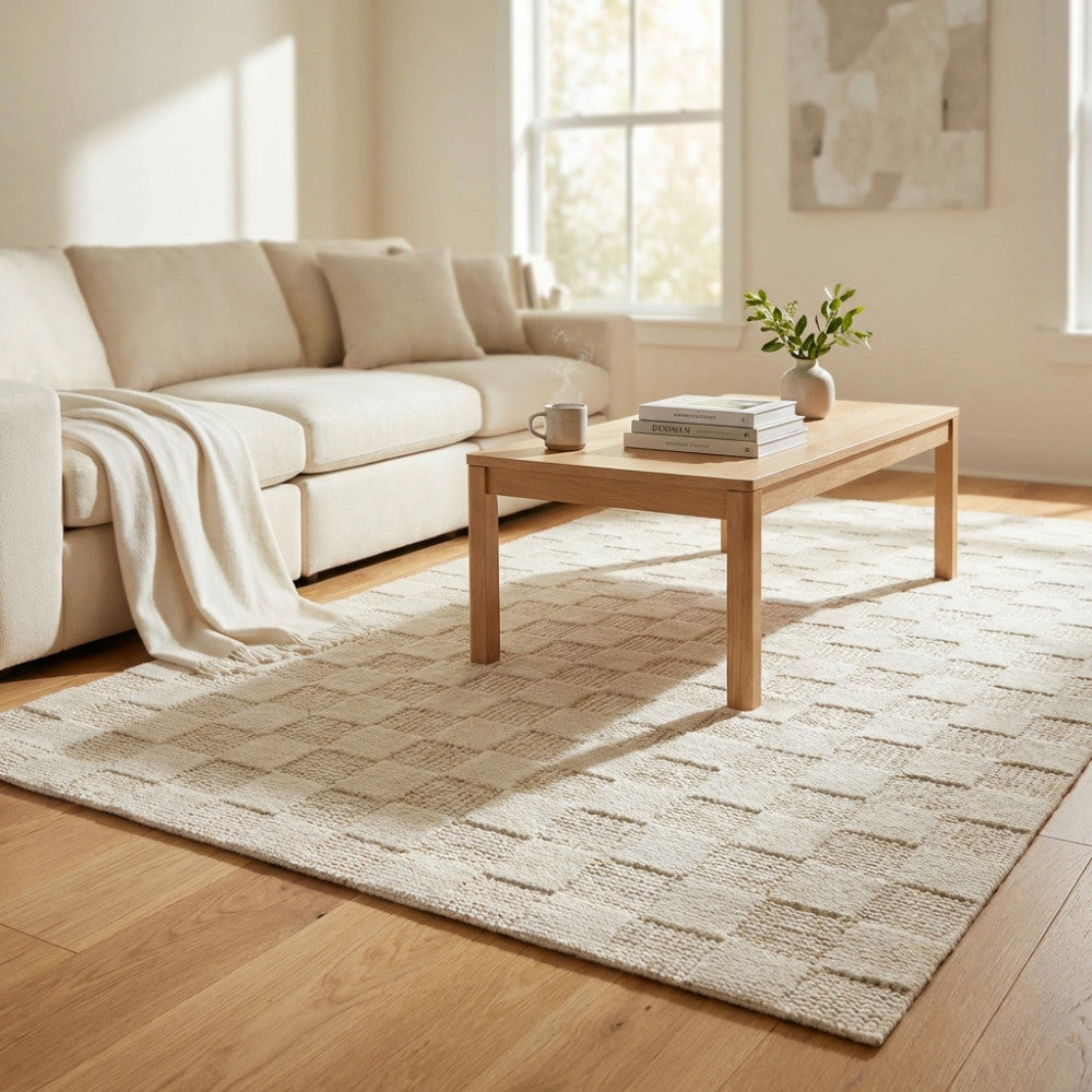 Tappeto Ambroise in lana bianco e beige ambientato in un soggiorno luminoso con divano chiaro e tavolino in legno.
