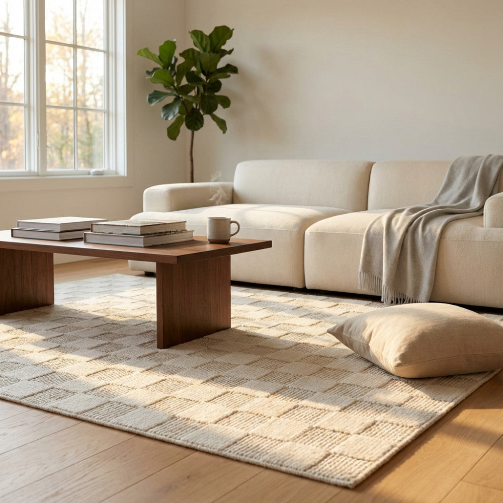 Dettaglio del tappeto Ambroise 160x230 posizionato sotto un tavolino in legno in un'elegante area living.