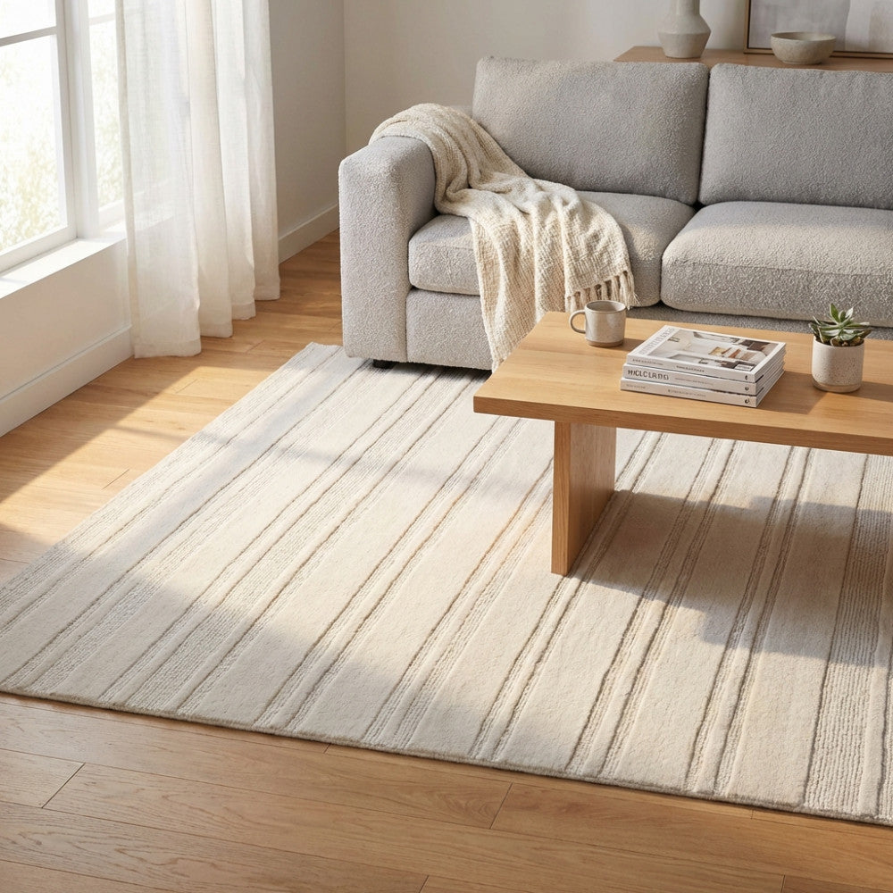Dettaglio del Tappeto Antoine nel living, illuminato dalla luce naturale che esalta la texture in lana.