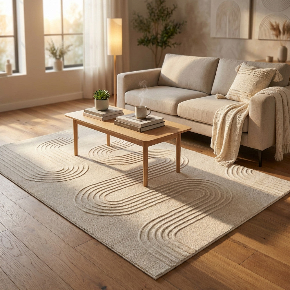 Tappeto moderno Aymeric in lana bianco e beige ambientato in un luminoso soggiorno con divano e tavolino in legno.