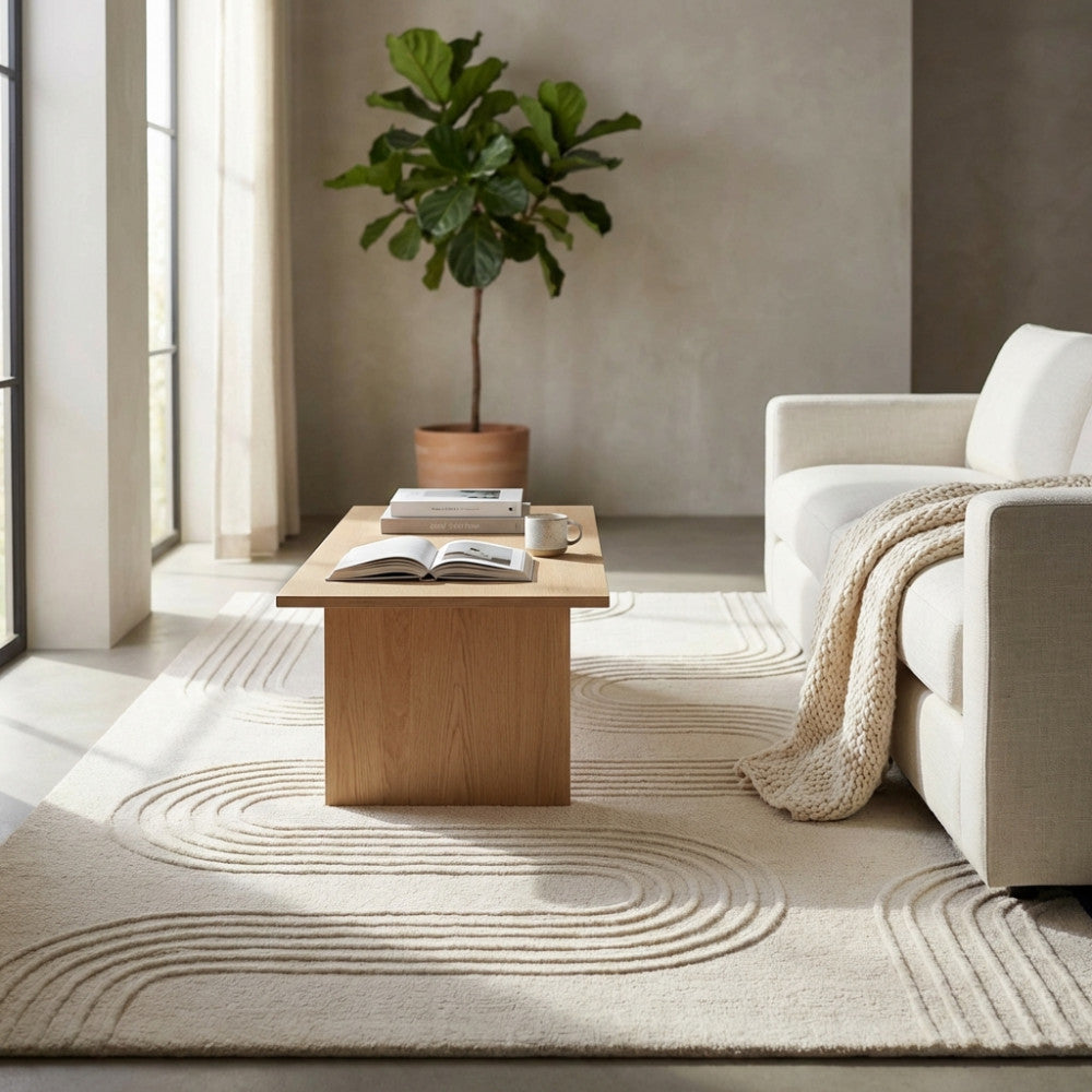 Tappeto Aymeric in lana e cotone bianco beige, ambientato in un salotto luminoso con divano chiaro e tavolino in legno.