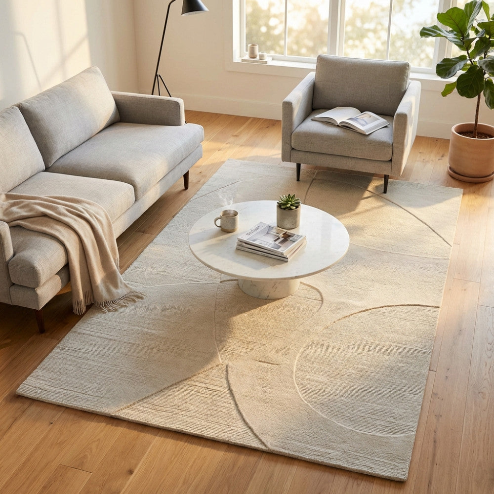 Tappeto moderno Bastien in lana e cotone bianco beige, ambientato in un luminoso soggiorno con divano grigio e tavolino in marmo.