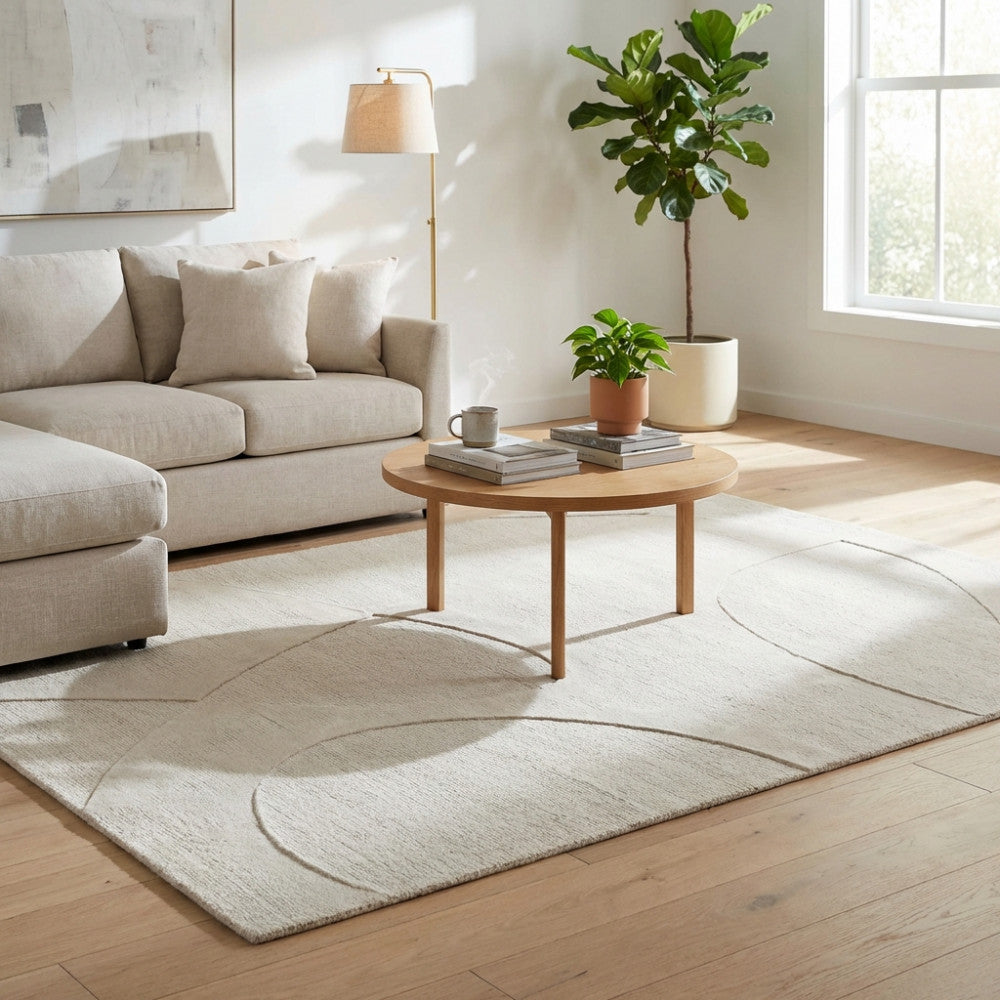 Dettaglio del tappeto Bastien nel living, con luce naturale che esalta le linee curve a rilievo della superficie tessile.