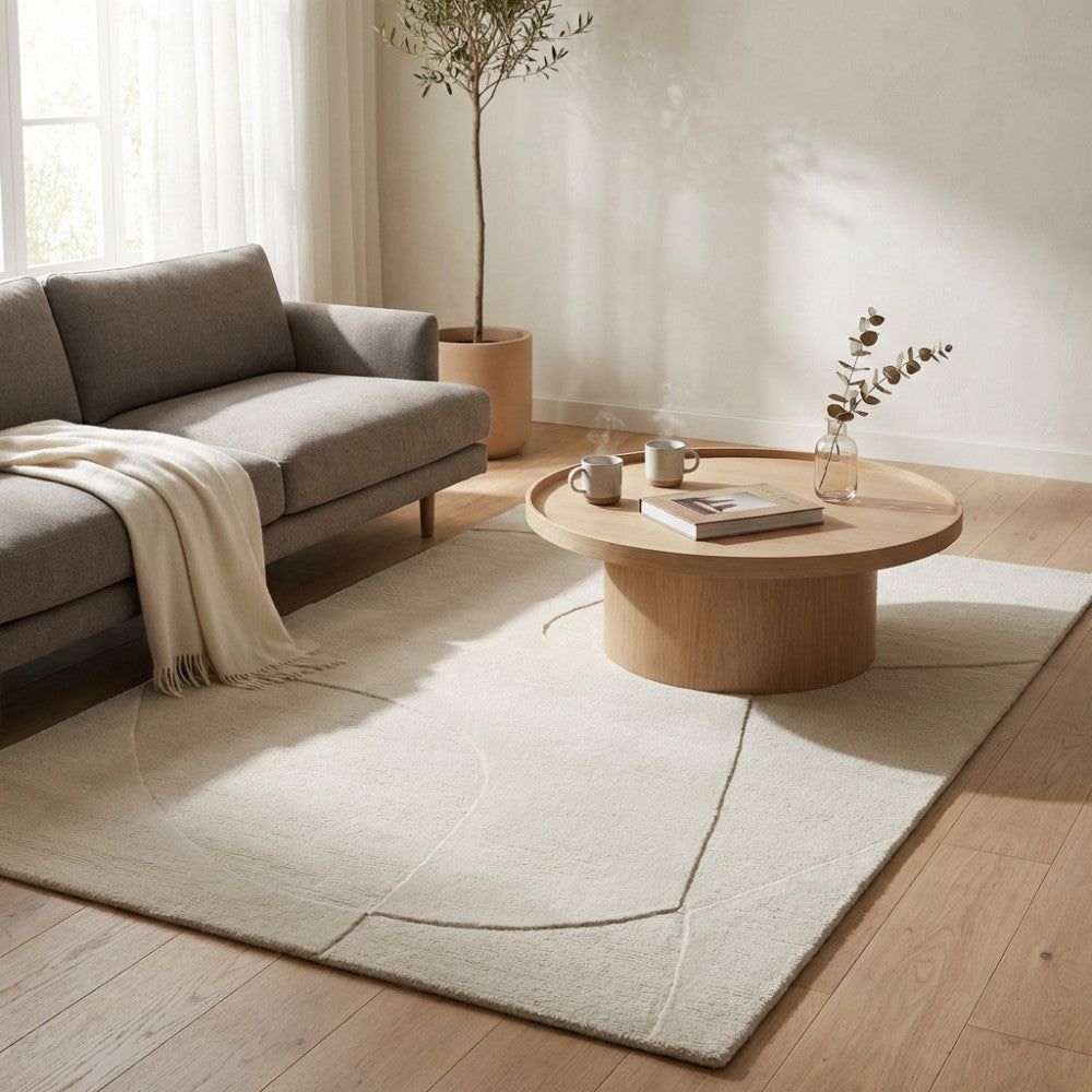 Tappeto moderno Bastien in lana e cotone bianco e beige, posizionato in un salotto luminoso con divano grigio e tavolino in legno.