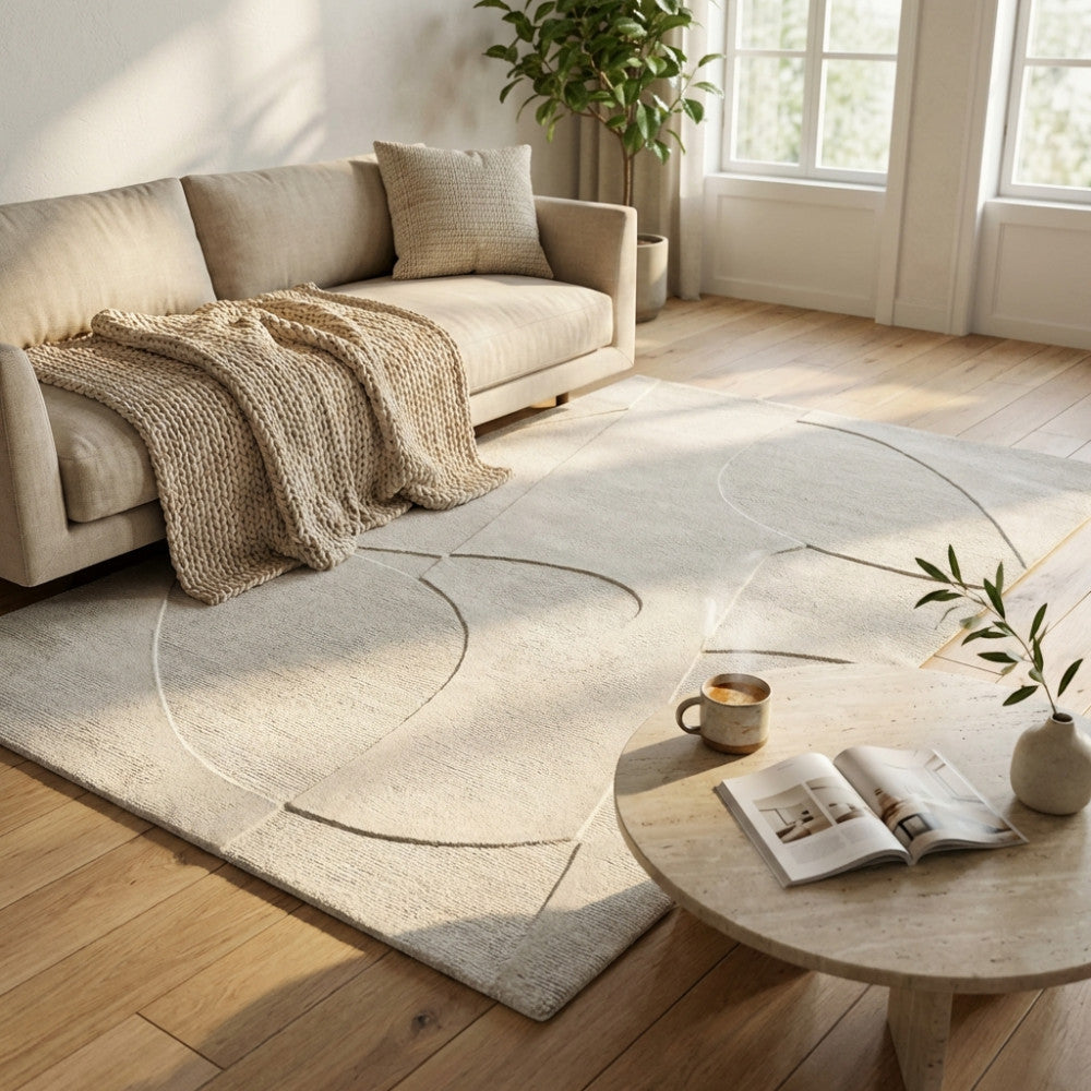 Dettaglio della texture del tappeto Bastien, con linee geometriche incise che catturano la luce solare in un ambiente living elegante.