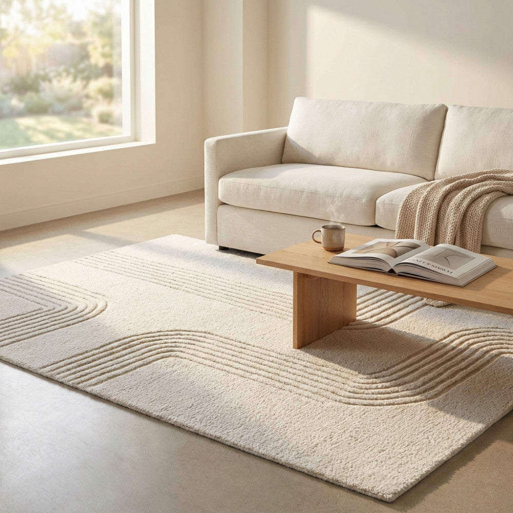 Tappeto Christophe bianco e beige steso in un luminoso soggiorno moderno con divano chiaro.