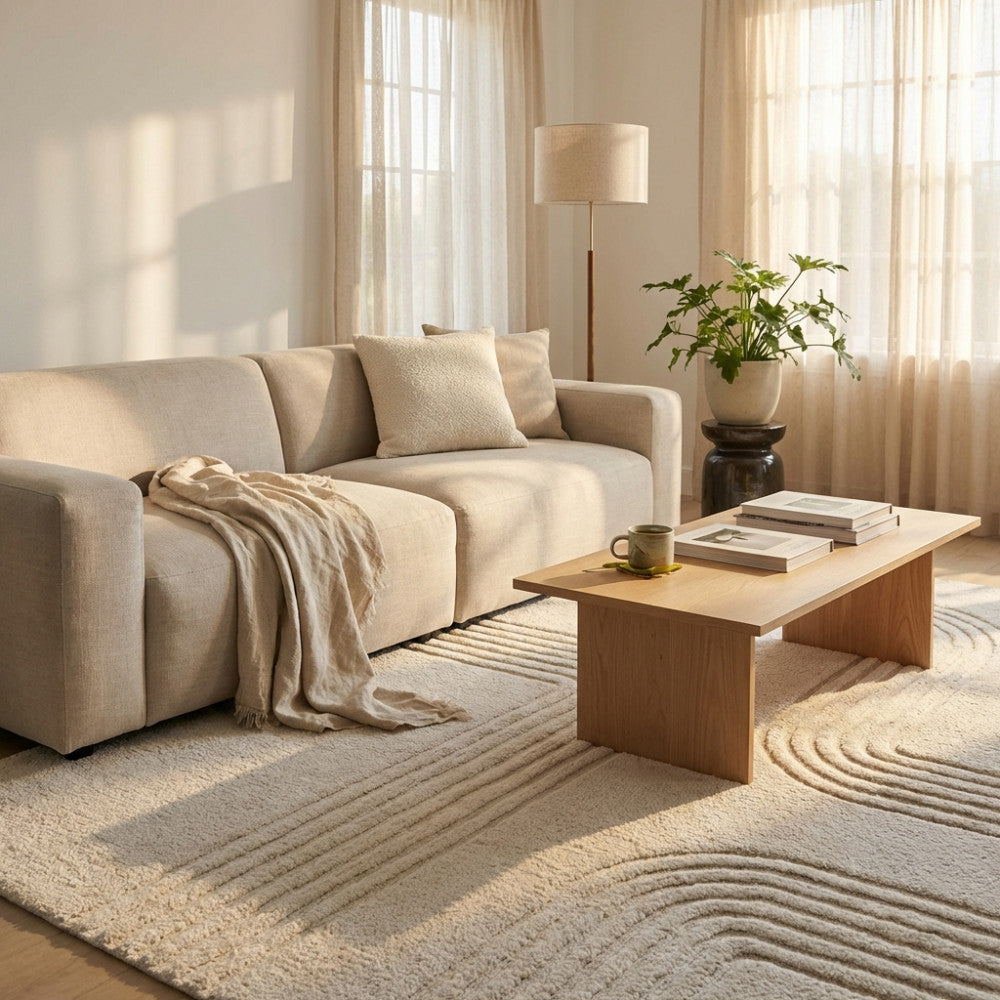 Tappeto Christophe illuminato dalla luce naturale in una zona living con tende trasparenti e arredi minimalisti.